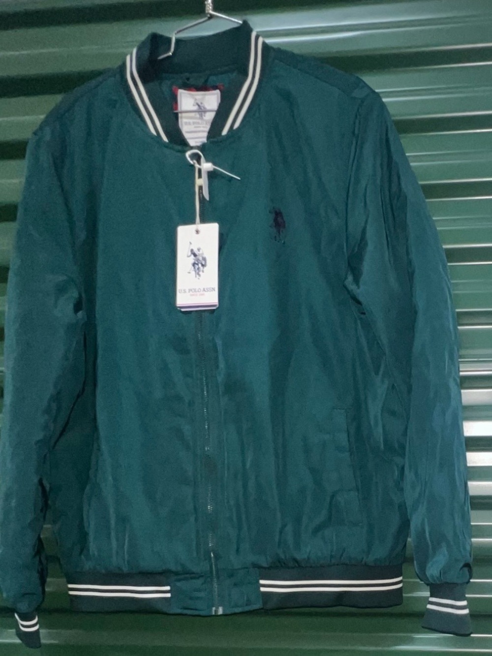 U.S. Polo Assn. Teal Green Varsity Bomber Jacket with Striped Trim XL